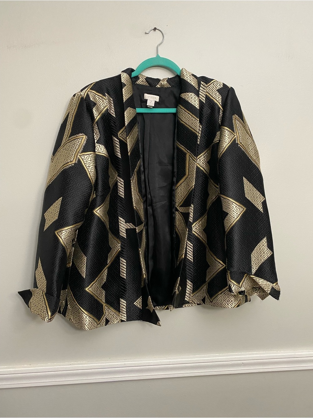 Chico's Black & Gold Geometric Open Front Jacket Blazer Career Party - L